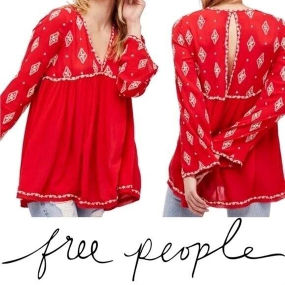 RED Embroidered Boho Babydoll Dress, Tunic Festival Hippie Casual Summer M